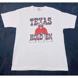 Vintage Y2K Texas Hold ’Em Poker T-Shirt L White Graphic Tee Cowboy Casino.